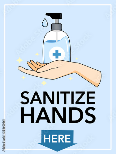 Use hand sanitizer here sign and symbol. Hand sanitized, wash hand using alcohol gel to protect from germs and stop spreading of Covid19 or Coronavirus, infection control concept