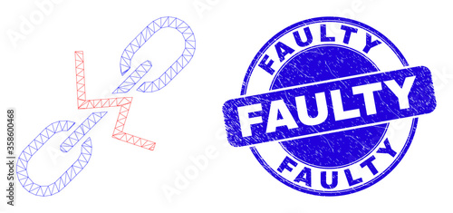 Web mesh break chain pictogram and Faulty watermark. Blue vector rounded textured seal stamp with Faulty message. Abstract carcass mesh polygonal model created from break chain pictogram.