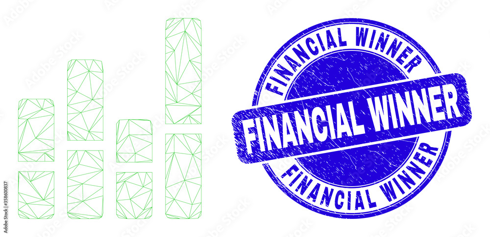 Fototapeta premium Web carcass bar chart pictogram and Financial Winner watermark. Blue vector round scratched watermark with Financial Winner message.