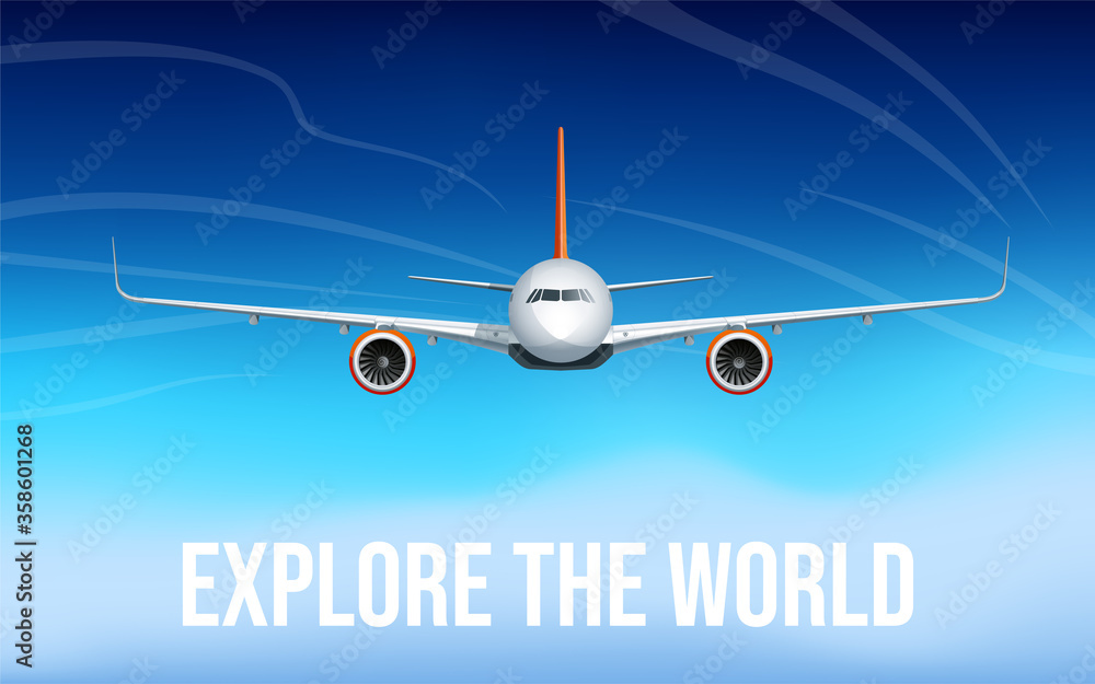 Passenger airplane flying at flight level high in the sky above the clouds and blue sky. View directly in front, exactly. Realistic vector illustration Passenger airplane flying at flight level high in the sky above the clouds and blue sky. View directly in front, exactly. Realistic vector illustration