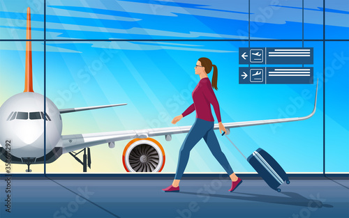 Full length side portrait of young woman walking with a suitcase in the airport. Cartoon vector illustration