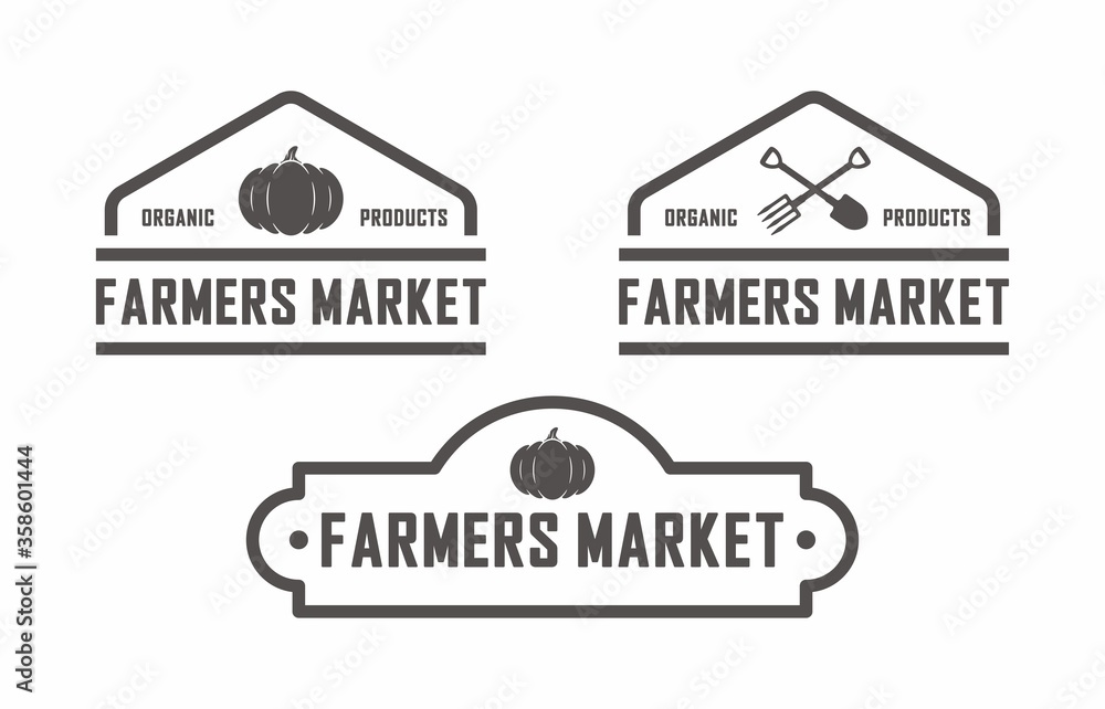 Set of black and white illustrations of pumpkin, crossed pitchfork and shovel, text on a white background. Vector illustration advertises farm food. Text logo farm market. Set of black and white illustrations of pumpkin, crossed pitchfork and shovel, text on a white background. Vector illustration advertises farm food. Text logo farm market.