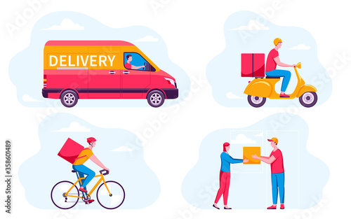 Fast online delivery package service concepts set. Courier deliver goods and food on a car, motorcycle, bike. Woman receiving parcel from delivery man