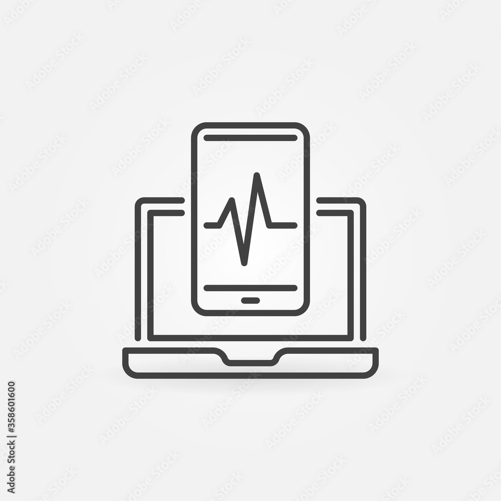 Laptop with Smartphone outline icon. Vector Mobile Phone Repair concept linear symbol Laptop with Smartphone outline icon. Vector Mobile Phone Repair concept linear symbol