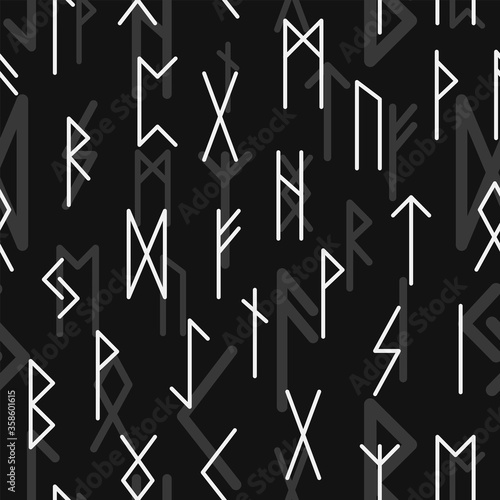 Seamless pattern with white magic rune symbols on a black background, witch ornament