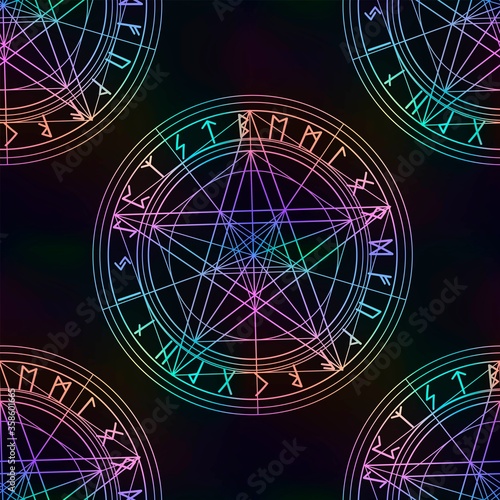 Seamless pattern with magic pentagram and runes, witch or satanic ornament