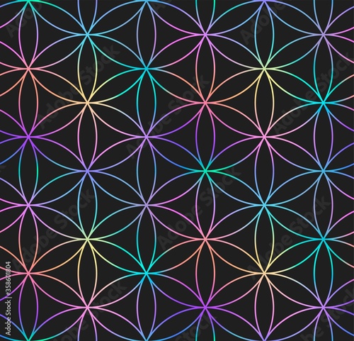 Seamless pattern with rainbow sign of the Flower of Life on a black background