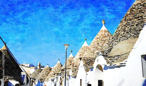 watercolorstyle that represents a glimpse of a street in Alberobello in Puglia with the trulli, the typical houses of the place.