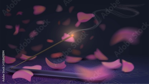 Smelling aroma stick in the temple and falling pink petals, smoke of Indian incense