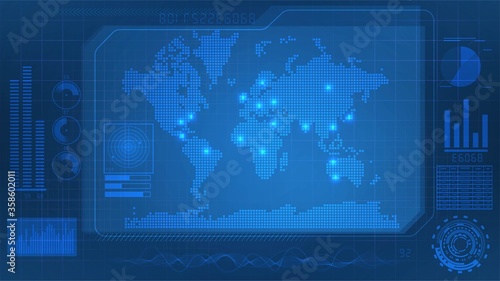 Blue luminous digital panel with graphs and a world map
