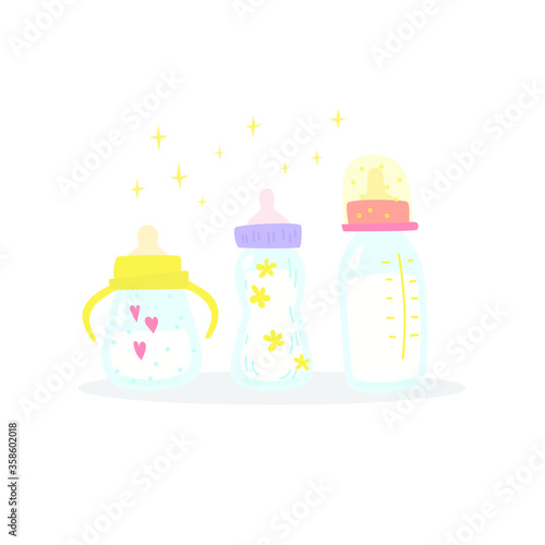 Cute nipple bottle for feeding. Milk, water or baby formula. Cartoon style