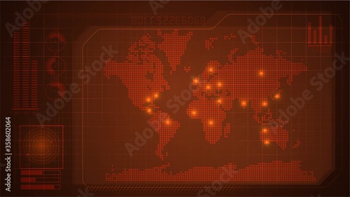 Red technological luminous digital panel with map of the world and graphs