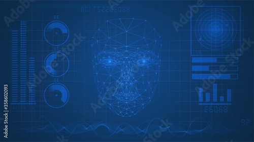 Blue luminous digital panel with graphs and a mesh face © lidiia