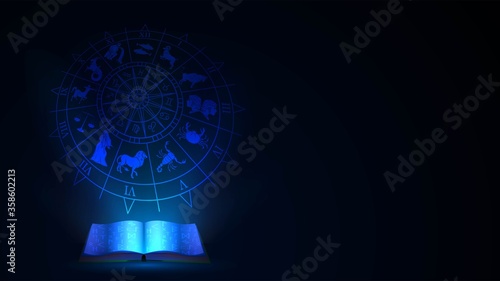 Magic open book with blue light and zodiac signs, astrology textbook