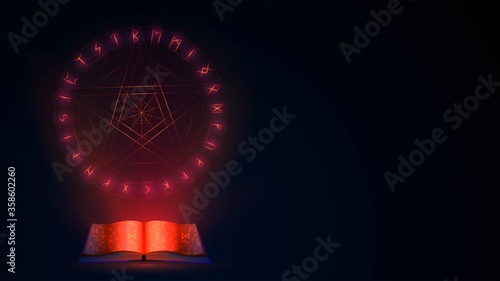 Magic open witch book with red light and a pentagram and runes