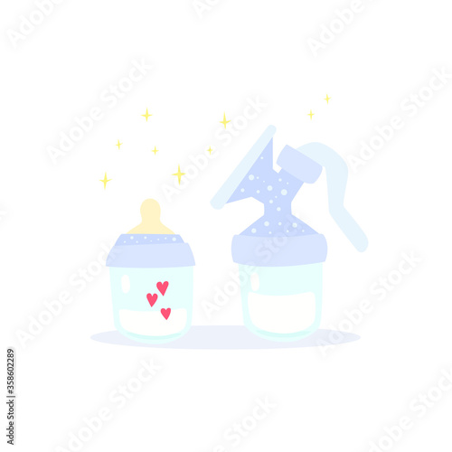 Manual breast pump and pacifier bottle. They are full of milk and love. Cute cartoon vector