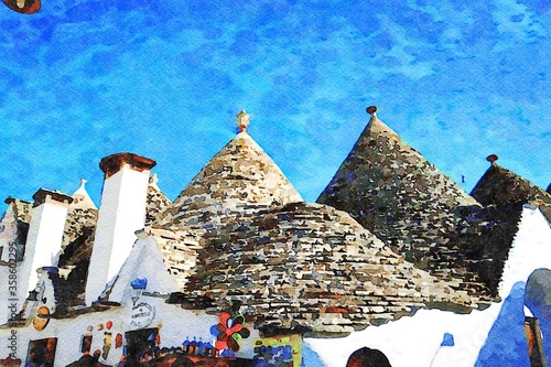 watercolorstyle that represents a glimpse of the roofs of the trulli the typical houses of Alberobello in Puglia. photo