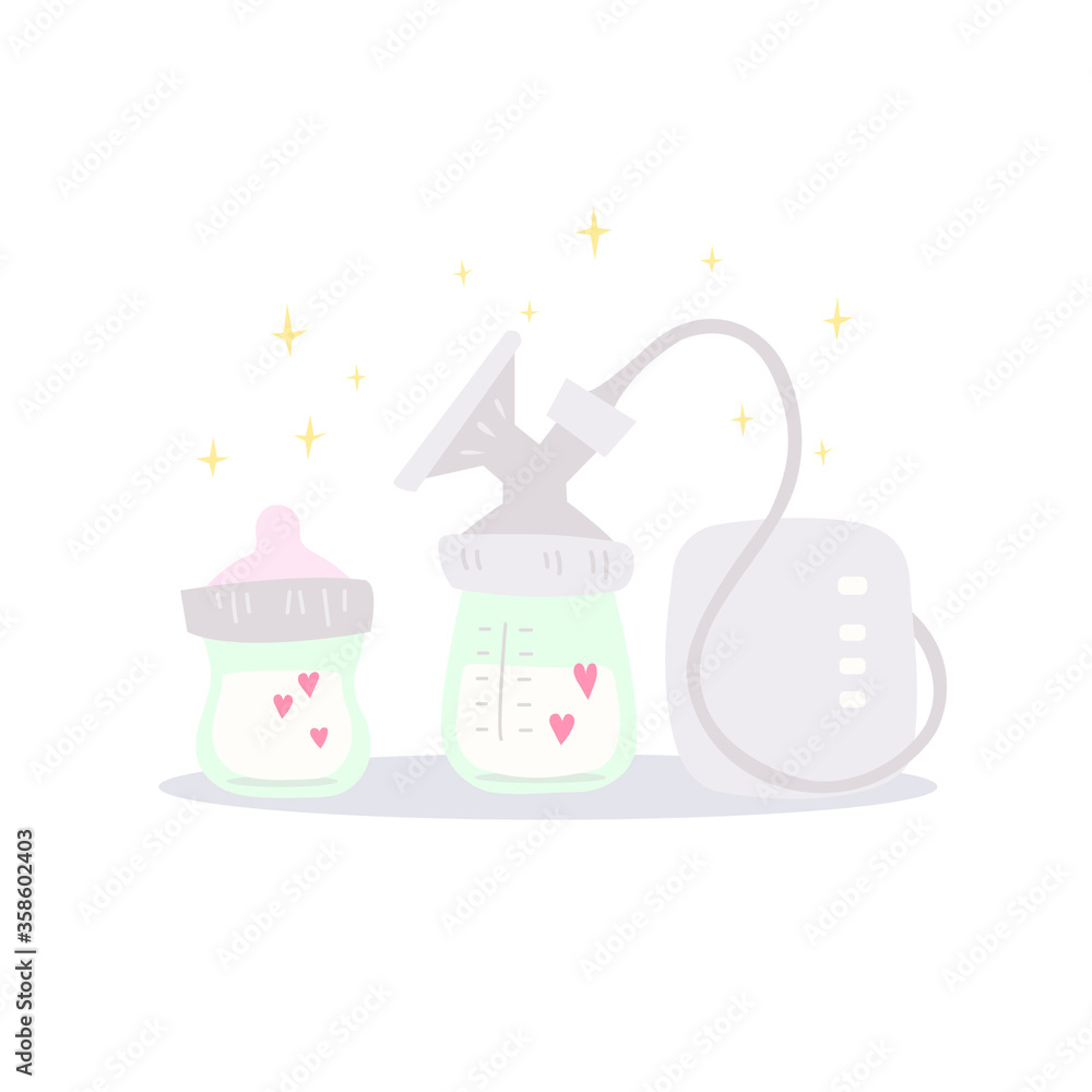 Milk expressing tools. Electric breast pump and pacifier bottle