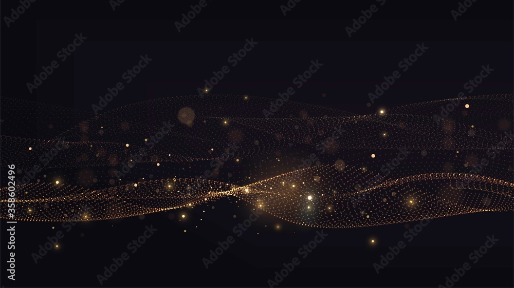 Black background with golden dotted  waves and sparks