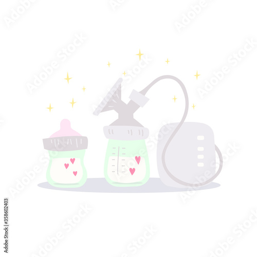 Milk expressing tools. Electric breast pump and pacifier bottle. Cartoon vector illustration