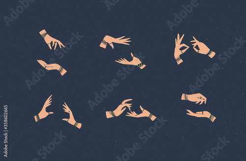 Hands pair with bracelets and rings in ethnical style in different positions to express emotions drawing on blue background