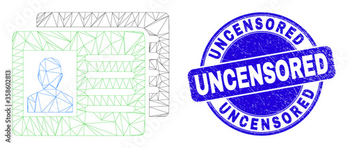 Web carcass user id cards icon and Uncensored seal. Blue vector rounded distress watermark with Uncensored caption. Abstract frame mesh polygonal model created from user id cards icon.