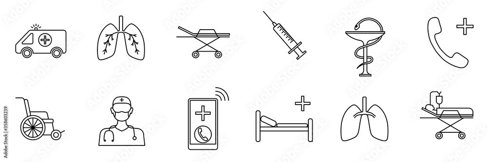 Obraz premium Set of medical icons: ambulance car, lungs, stretcher, patient, dropper, bed, phone call, app, doctor, wheelchair