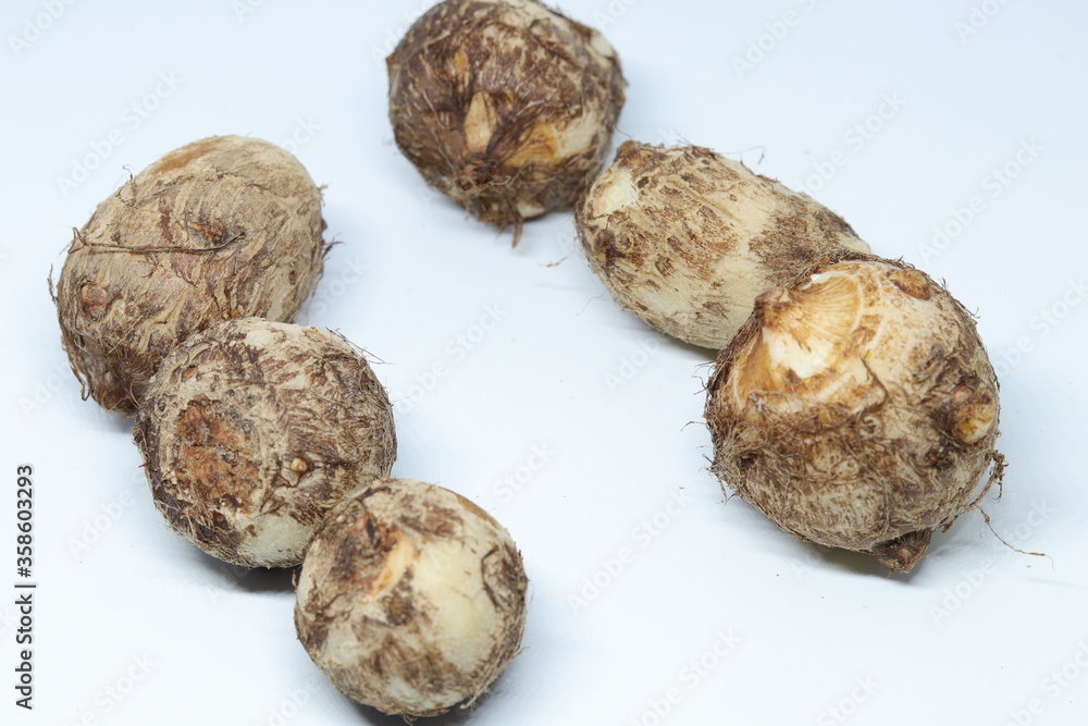 Taro or Colocasia esculenta on isolated white background.
Taro or Colocasia esculenta on isolated white background.