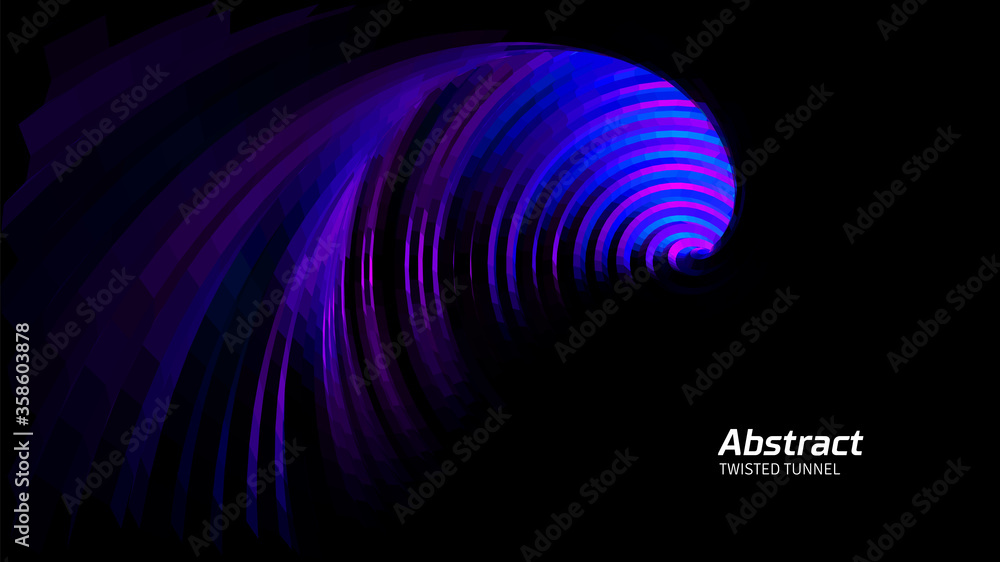 Abstract blue background with dark spiral cave and light on the ribbed walls Abstract blue background with dark spiral cave and light on the ribbed walls