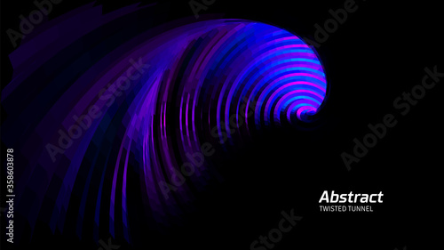 Abstract blue background with dark spiral cave and light on the ribbed walls