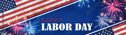 Happy Labor Day (September) background banner panorama - American flag and sparkler firework on dark blue texture