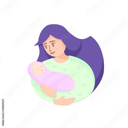 Mother holds the newborn in her arms. Feeling of happiness. Motherhood. Minimalistic cartoon style