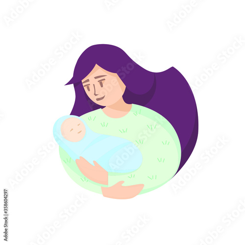 Mother holds the newborn in her arms. Feeling of happiness. Motherhood. Minimalistic cartoon style