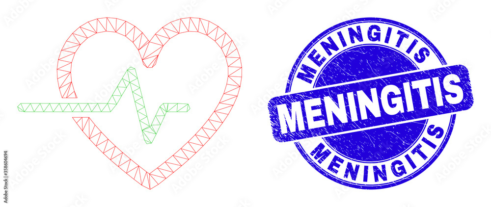 Web mesh heart pulse icon and Meningitis seal. Blue vector round grunge seal stamp with Meningitis phrase. Abstract frame mesh polygonal model created from heart pulse icon. Web mesh heart pulse icon and Meningitis seal. Blue vector round grunge seal stamp with Meningitis phrase. Abstract frame mesh polygonal model created from heart pulse icon.