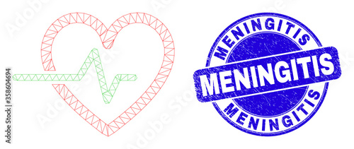 Web mesh heart pulse icon and Meningitis seal. Blue vector round grunge seal stamp with Meningitis phrase. Abstract frame mesh polygonal model created from heart pulse icon.