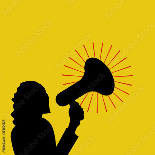 Black Lives Matter concept. Woman silhouette protester with megaphone on a yellow background. The person holds a loudspeaker in hand. Template for  banner or poster.
