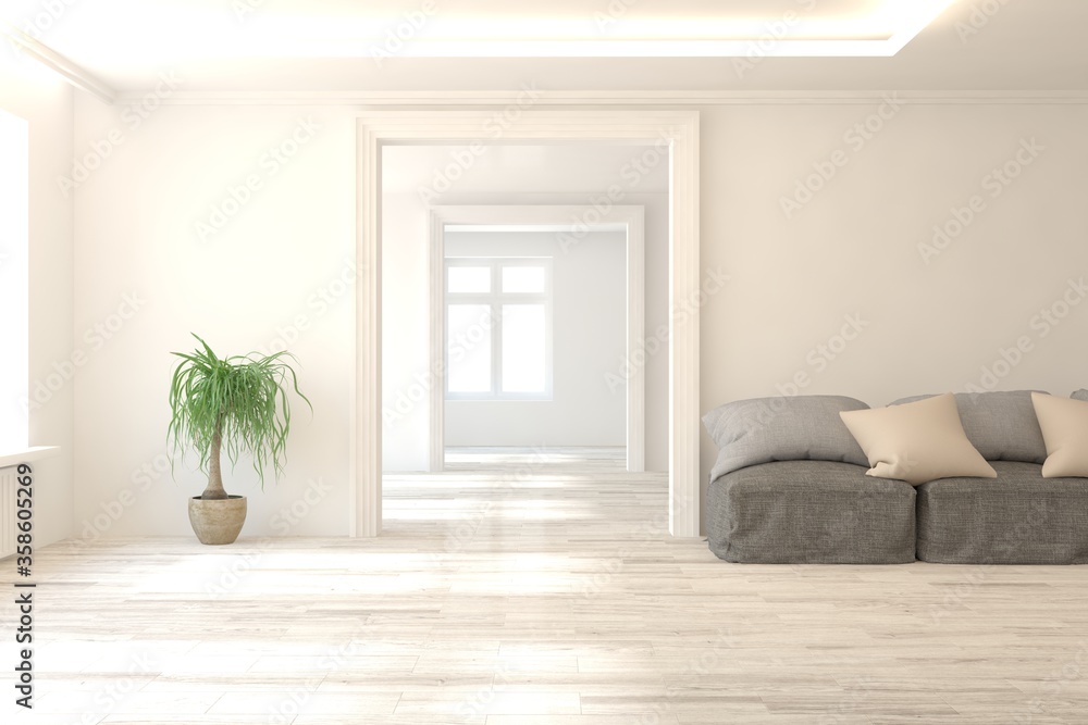 Fototapeta premium White stylish minimalist room with sofa. Scandinavian interior design. 3D illustration