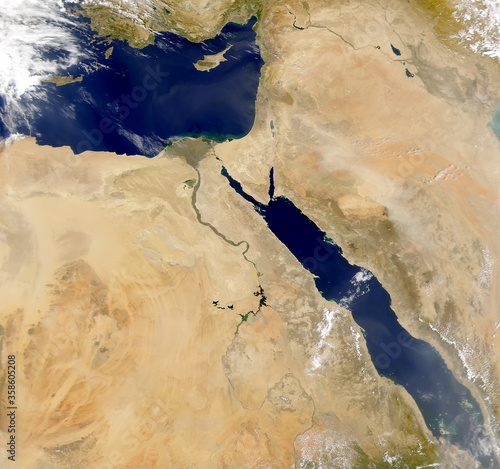 Satellite view Middle East.Red Sea, Saudi Arabia, Egypt, Israel, Palestine,Iraq and Syria. Elements of this image furnished by NASA. © elroce