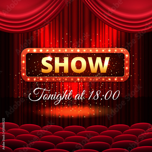 A theater stage with a red curtain and a spotlight with golden sparkles. Festival or show poster, invitation concert banner Vector stock illustration. EPS 10.