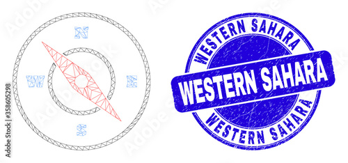 Web mesh compass icon and Western Sahara seal stamp. Blue vector rounded scratched seal stamp with Western Sahara phrase. Abstract carcass mesh polygonal model created from compass icon.
