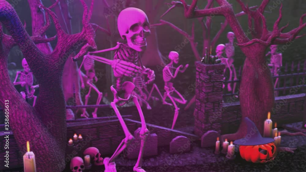Seamless animation of a skeletons dancing in a cemetery disco at night. Funny halloween background for parties and events.