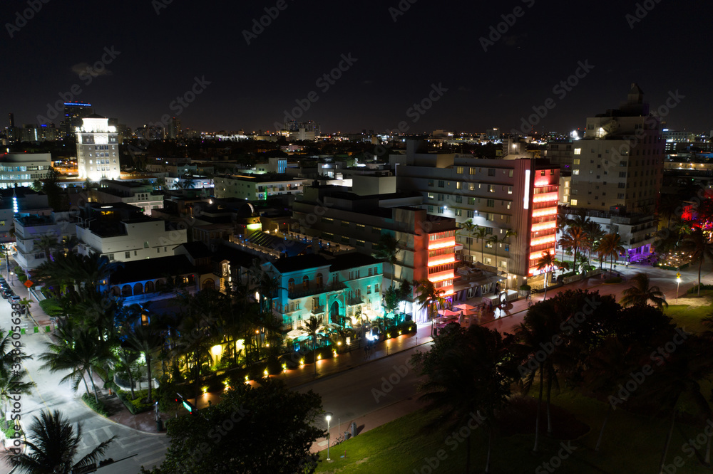 Night aerial photo Miami Beach neon lights Ocean Drive retro 80's style