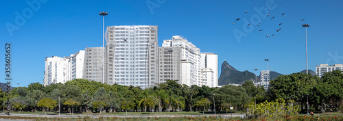 Rio de Janeiro city park with rising residential high rise buildings island with the Corcovado mountain in the background and flock of pigeons in the foreground against a clear blue sky