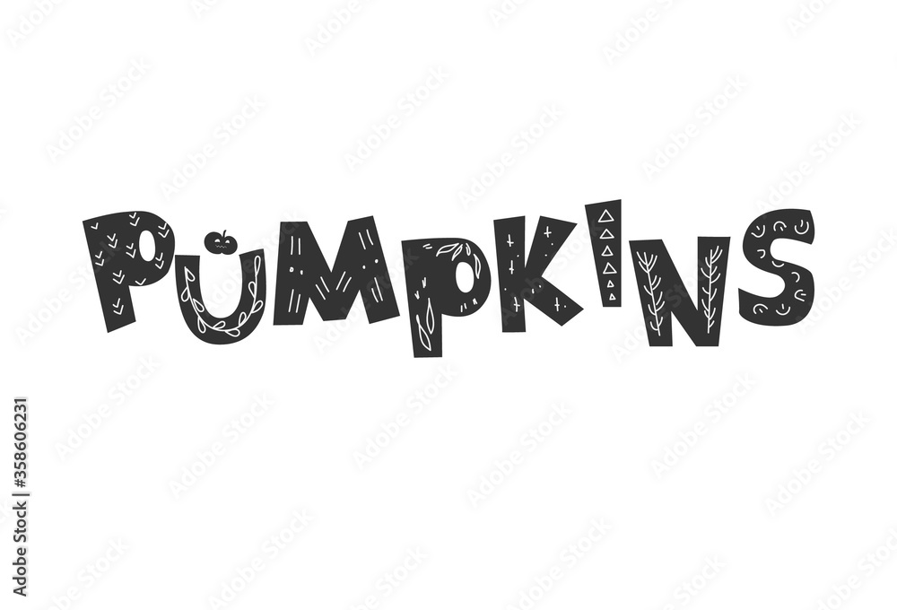 Festive inscription for Halloween – pumpkins. Inscription executed in the cartoon style and decorated with primitive patterns. Festive inscription for Halloween – pumpkins. Inscription executed in the cartoon style and decorated with primitive patterns.