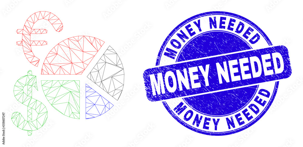 Obraz premium Web carcass currency pie chart icon and Money Needed seal stamp. Blue vector round distress seal stamp with Money Needed text.