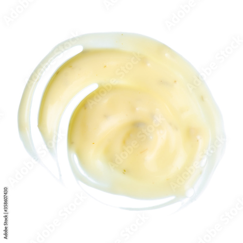Garlic sauce mayonnaise on white background isolation, top view