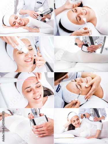 Collage of medical photos. LPG massage, ultrasonic facial cleansing, peeling, darsanalization of the face. Beautician and patient. © Yuliya Timofeeva