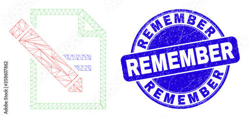 Web mesh edit text page pictogram and Remember stamp. Blue vector rounded scratched seal stamp with Remember phrase. Abstract frame mesh polygonal model created from edit text page icon.