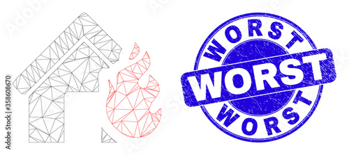 Web mesh house fire disaster icon and Worst seal. Blue vector rounded grunge seal with Worst title. Abstract carcass mesh polygonal model created from house fire disaster pictogram.