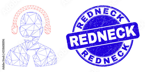Web mesh call center manager icon and Redneck seal. Blue vector round grunge seal with Redneck text. Abstract carcass mesh polygonal model created from call center manager icon.